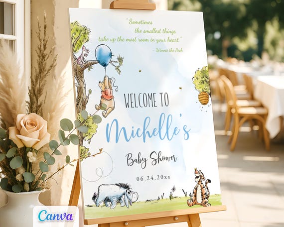 Winnie the Pooh Baby Shower Boy Welcome Sign, Edit with Canva Template, Printable