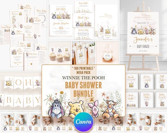 Winnie the Pooh Baby Shower Party Decoration Bundle & Invitations, Gender Neutral Wildflowers Theme, Editable Canva Template