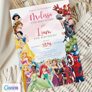 May include: A colorful birthday invitation featuring Disney princesses and Marvel superheroes. The invitation includes the names "Melissa" and "Liam", the date "August 28", and event details. The Canva logo is visible in the bottom left corner.