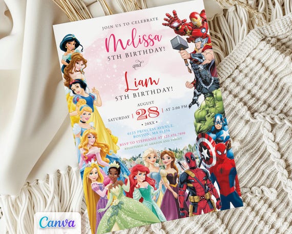 Princess Superhero Joint Birthday Invitation, Girl/Boy Party Invite, Printable Canva Template