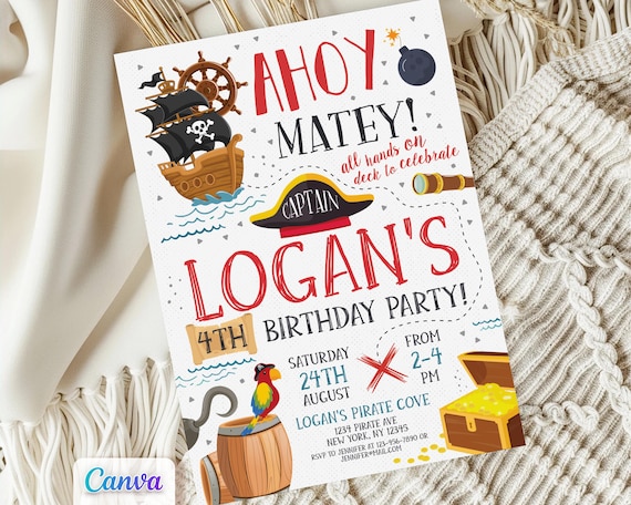 Pirate Invitation, Ahoy Matey Birthday Party Invite Treasure Map, Printable Template