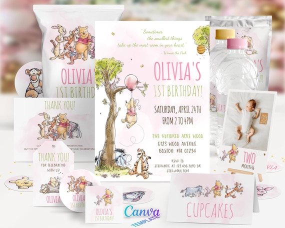 Winnie the Pooh Girl Birthday Bundle 1st Party Decoration Package, First Birthday Decor Set, Editable Canva Template