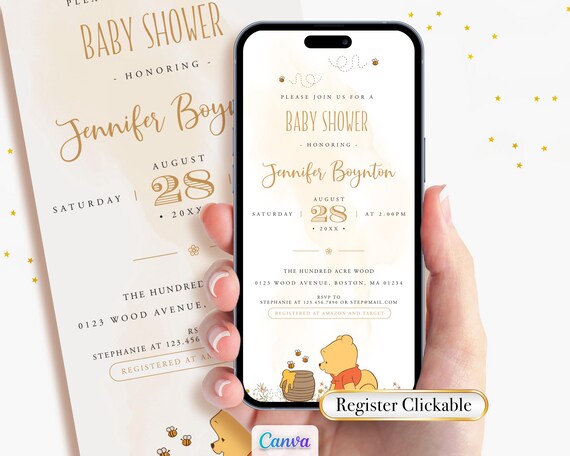 Register Clickable Little Pooh Baby Shower Invite, Digital Mobile Phone Invitation, Virtual Evite