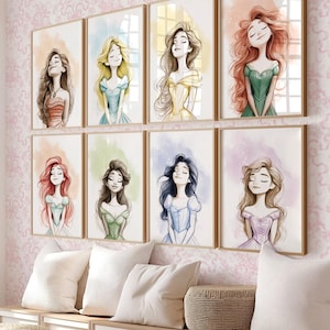 Afdrukbare prinses muurkunstprints, set van 15 aquarel/handgetekende meisjeskamerdecoratie, direct downloaden