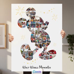 May include: A white canvas print featuring a collage of photos in the shape of Mickey Mouse. The words "Walt World Memories" are at the bottom, with gold starburst accents. The Canva logo is in the bottom corner.