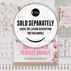 Winnie the Pooh baby shower bundle for a girl featuring 160 editable printable items including games, banners, signs, and milestone cards in soft pink tones with Pooh, Piglet, and friends; individual items sold separately.