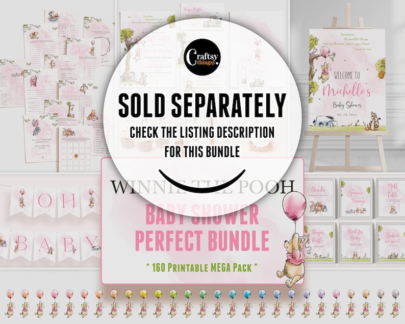 Winnie the Pooh baby shower bundle for a girl featuring 160 editable printable items including games, banners, signs, and milestone cards in soft pink tones with Pooh, Piglet, and friends; individual items sold separately.