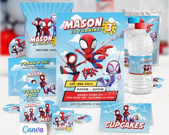 Spidey Invitation Birthday Bundle, Spidey and His Amazing Friends Party Invite, Printable Canva Template
