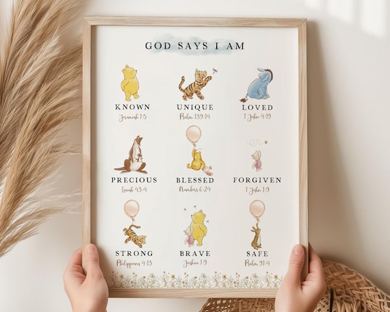 Classic Winnie The Pooh Wall Art, God Says I Am Biblical Affirmations, Christian Nursery Decor, Inspirational Scripture Printable, Digital