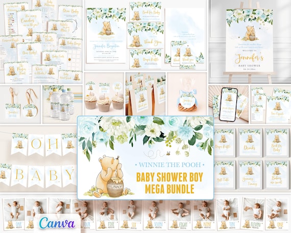 Winnie the Pooh Baby Shower Boy Invitation, Classic Pooh Editable Canva Template, Printable