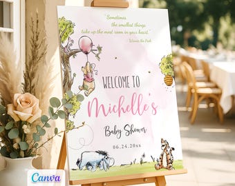 Winnie the Pooh Baby Shower Girl Welcome Sign, Edit with Canva Template, Printable, Digital