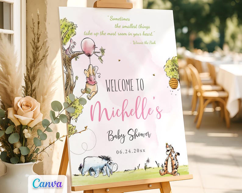 Winnie the Pooh baby shower welcome sign for a girl, featuring pink tones and watercolor illustrations of Pooh with a balloon, Piglet in a tree, Eeyore, and Tigger; editable and printable design displayed on a wooden easel for outdoor party decor.