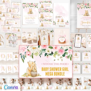 Classic Winnie the Pooh Baby Shower Girl Invitations Canva Template