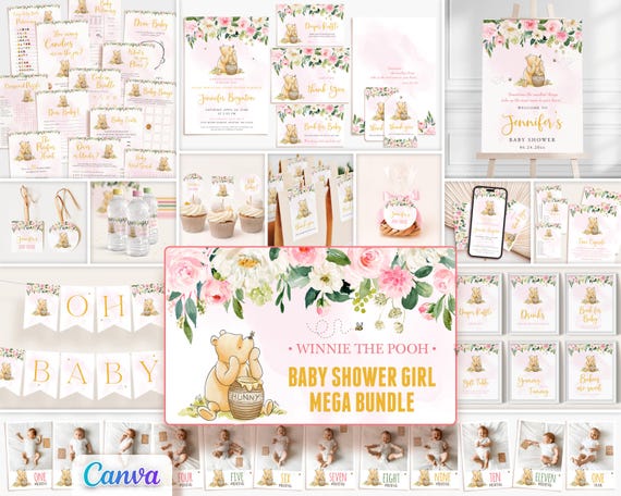 Classic Winnie the Pooh Baby Shower Girl Invitations, Pink Flowers Theme, Editable Canva Template