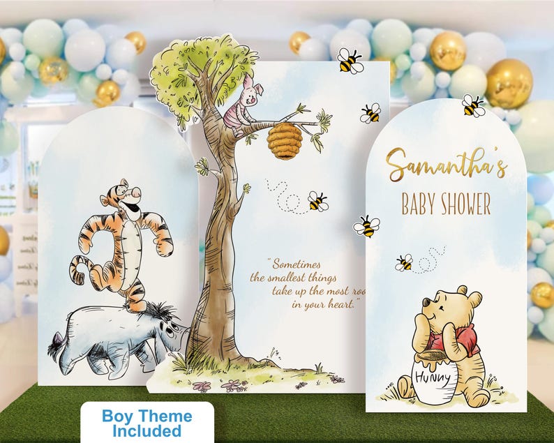 Classic Winnie the Pooh baby shower backdrop set in a soft blue boy theme. Includes personalized name panel, character cutouts of Tigger and Eeyore, and Piglet on a tree with honey bees and the phrase 'Sometimes the smallest things take up the most room in your heart.' Ideal for a customized baby boy shower decoration.