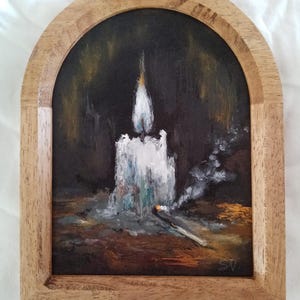 Original Oil Painting of a Lighted Candle in the Dark in Handmade  Frame Small still life with Candle Oil Painting Framed Candle Painting