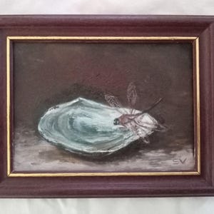 Oyster Impasto Painting  Seafood Art Oyster Small Painting Vintage Framed Still Life Brushwork Minimalistic Art Tiny Painting