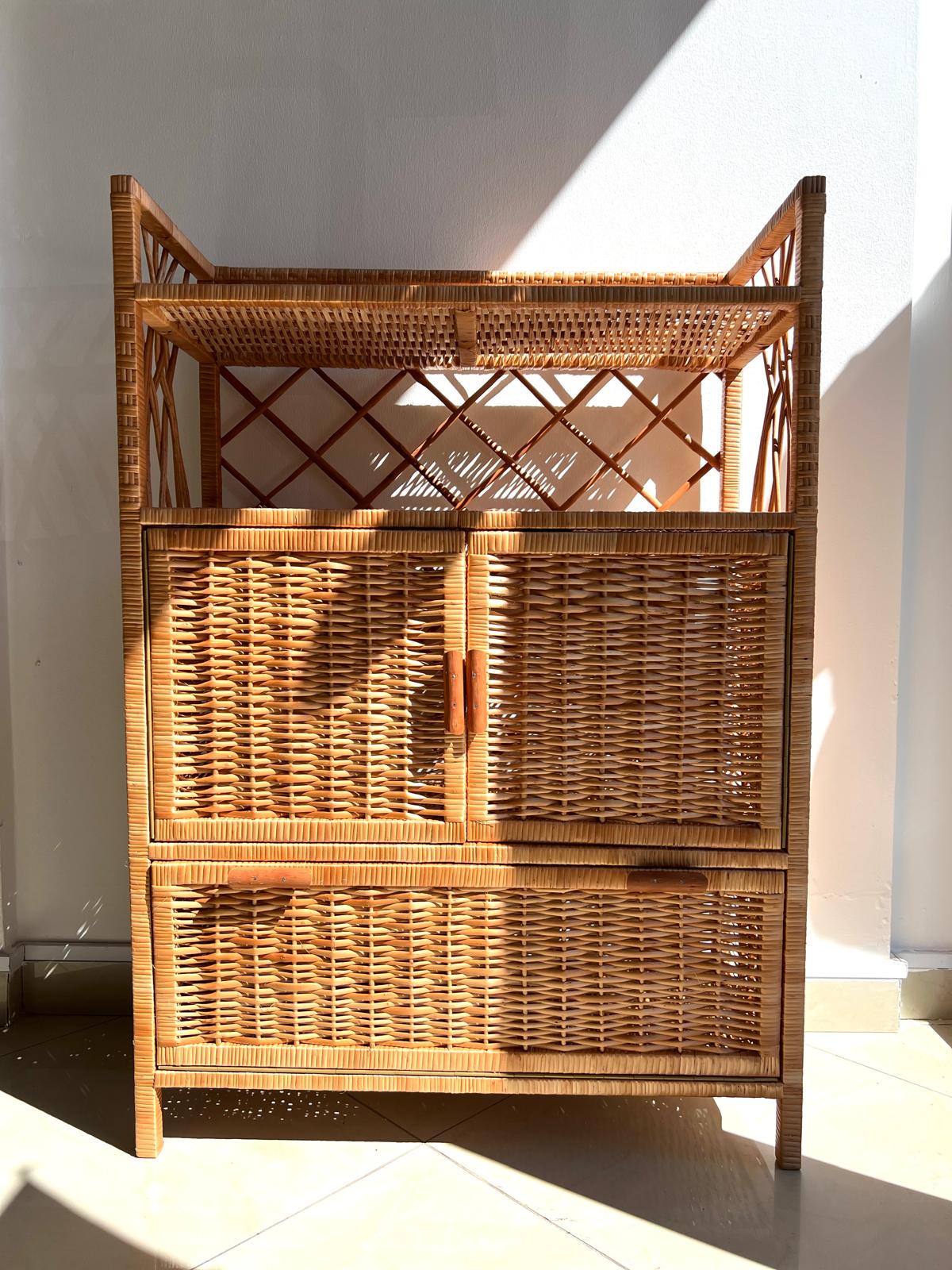 Handmade Wicker Cabinet: 4-Tier Beech Storage with Doors