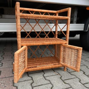 Small Wicker Shelf Unit with Cabinet – 3-Tier Natural Wicker Rack with Doors – Handmade Gift for Her, Mom, or New Home – Ready to Use