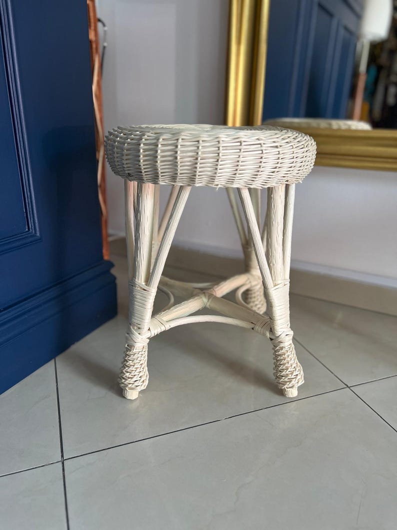 White Wicker Stool – Handmade Rattan Seat – Polish Eco Furniture – No ...