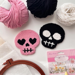 DIY Pink Halloween Skull Punch Needle Coaster Kit 2 pcs, Beginner Embroidery Kit, Halloween Mug Rug, Spooky Cute Home Decor Gift,