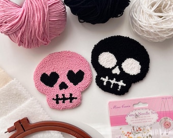 DIY Pink Halloween Skull Punch Needle Coaster Kit 2 pcs, Beginner Embroidery Kit, Halloween Mug Rug, Spooky Cute Home Decor Gift,