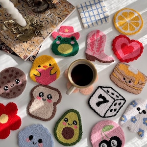 Mug Rug Coasters,  Y2K Punch Needle Coasters, Tufted Mug Rug, Handmade Drink Coasters, Housewarming Gifts, Coffee Lovers Gift