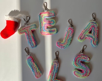 Personalized Punch Needle Letter Keychain, Handmade Initial Bag Charm