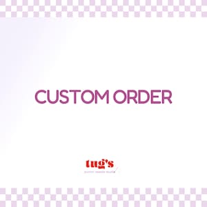 May include: A white background with a purple checkered border and the words "CUSTOM ORDER" in a bold, purple font. Below the text is the logo for "tug's punch needle studio" in red.