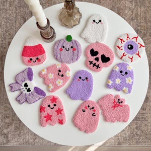 Pink Halloween Mug Rugs, Spooky Punch Needle Coasters, Handmade Halloween Gift, Spooky Halloween Home Decor, Pastel Halloween Ghost Decor