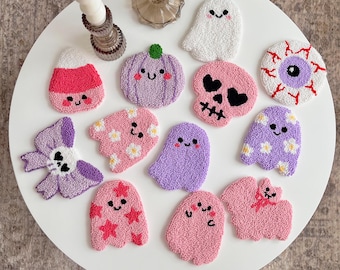 Pink Halloween Mug Rugs, Spooky Punch Needle Coasters, Handmade Halloween Gift, Spooky Halloween Home Decor, Pastel Halloween Ghost Decor