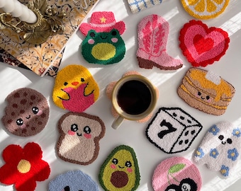 Mug Rug Coaster, Y2K Punch Needle Coasters, Cute Drink Coasters, Handmade Housewarming Gift, Birthday Gifts, Coffee Lovers Gift