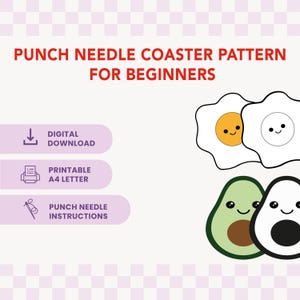 Punch Needle Coaster Template, Avocado and Egg Mug Rug, Punch Needle Patterns, How to punch Needle, Digital Download - 3.94 inch