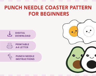 Punch Needle Coaster Template, Avocado and Egg Mug Rug, Punch Needle Patterns, How to punch Needle, Digital Download - 3.94 inch