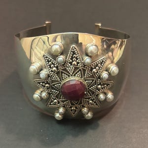 Sterliing Silver Ruby Pearl Star Vintage Cuff Bracelet Singed