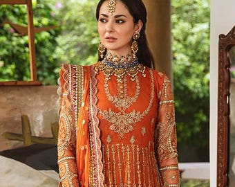 Orange Bridal Wedding dress, Pakistani Wedding Dress, Indian dress, Party Dress, Embroidery Clothes, Stitched Gown Mehndi Barat Nikkah