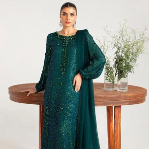 slim fit dress slacks Designer Long Dark Green Sequined Mermaid Prom Dresses with Slit main image 0