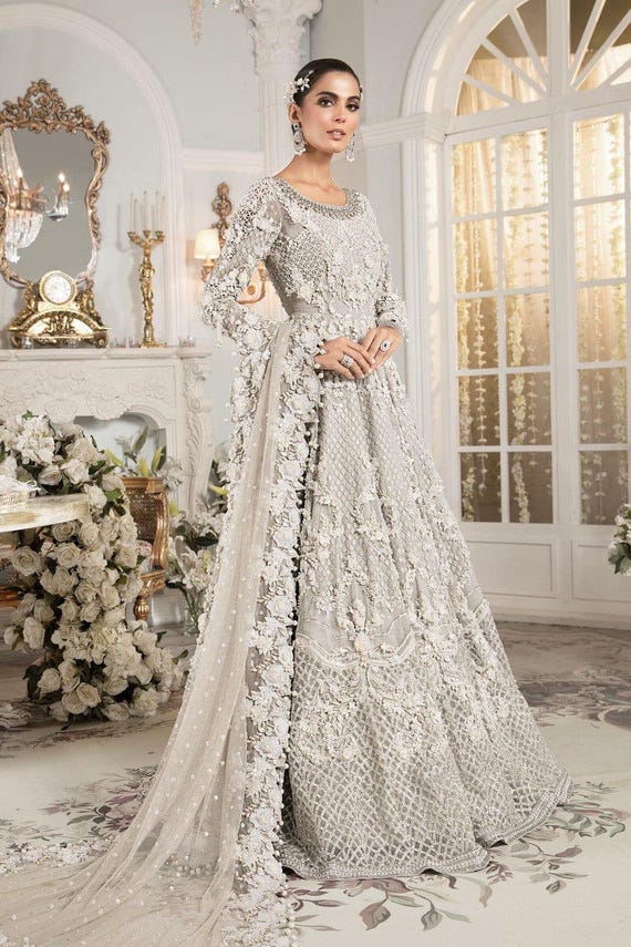 grey pakistani bridal dresses Embroided Asian Pakistani Bridal Wedding Dress Grey | Used -Excellent  Condition