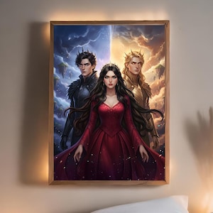 May include: A framed art print featuring three figures: a woman in a red dress and two men. The background is split, with one side depicting a stormy sky and the other a golden, sunlit scene. The artwork is in a wooden frame.