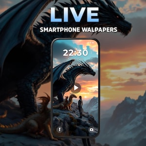 Könnte beinhalten: Ein Smartphone zeigt ein Hintergrundbild mit Drachen, das eine Frau und Drachen auf einem Berg zeigt. Das Bild zeigt einen schwarzen Drachen mit ausgebreiteten Flügeln und den Text "LIVE SMARTPHONE WALLPAPERS". Die Uhrzeit auf dem Telefon ist 22:30.