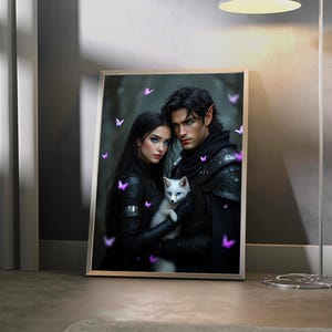 May include: A couple in dark clothing poses with a white fox in a dark forest setting. The image is filled with purple butterflies.