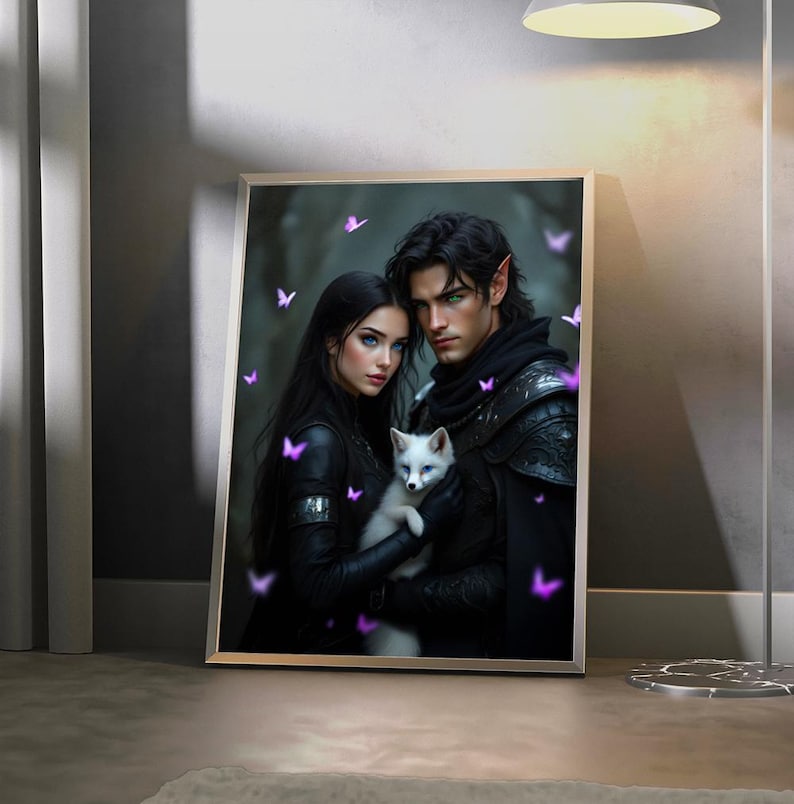 May include: A couple in dark clothing poses with a white fox in a dark forest setting. The image is filled with purple butterflies.