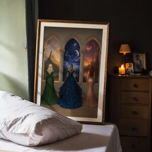 May include: Three women in long gowns stand in front of three arched windows. The windows show different scenes: a sunset, a starry night, and a sunrise. The women are facing away from the viewer, and their gowns are green, blue, and pink.