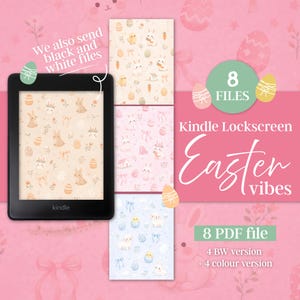 Puede incluir: Un lector de libros electrónicos Kindle negro muestra un patrón beige de Pascua con conejitos y huevos. La imagen incluye tres patrones adicionales y el texto "Kindle Lockscreen Easter vibes". La imagen también indica que hay 8 archivos.