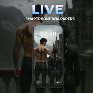 May include: A smartphone screen showing a wallpaper with a couple and a dragon tattoo. The words "LIVE" and "SMARTPHONE WALLPAPERS" are displayed above the phone. The time on the phone reads 22:30.