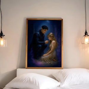 May include: A painting of a man and a woman in a dark, starry setting. The man is kneeling and looking at the woman, who is sitting on the ground with her head bowed. The man is wearing a dark suit and the woman is wearing a white dress.