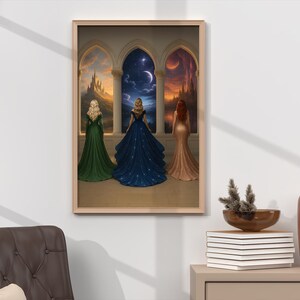 May include: Three women in long gowns stand in a doorway looking out at different scenes. The woman on the left is wearing a green gown, the woman in the middle is wearing a blue gown with stars, and the woman on the right is wearing a red gown.