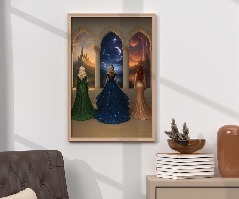 May include: Three women in long gowns stand in a doorway looking out at different scenes. The woman on the left is wearing a green gown, the woman in the middle is wearing a blue gown with stars, and the woman on the right is wearing a red gown.