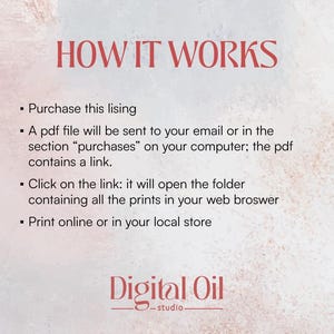 May include: A digital illustration with the text "HOW IT WORKS" and a list of instructions on how to purchase and download digital prints. The text also includes the phrase "Digital Oil - studio".