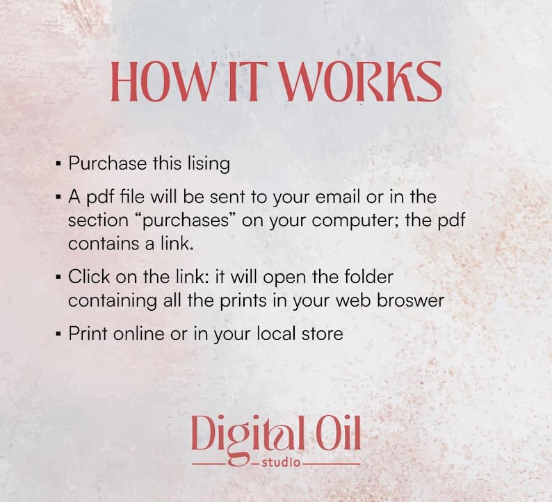 May include: A digital illustration with the text "HOW IT WORKS" and a list of instructions on how to purchase and download digital prints. The text also includes the phrase "Digital Oil - studio".